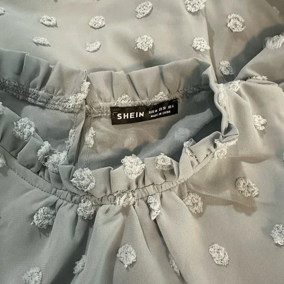 SHEIN Women's Swiss Dot Blouse Baby Blue Medium Ruffle Sleeve - Picture 7 of 8